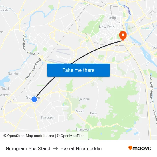 Gurugram Bus Stand to Hazrat Nizamuddin map