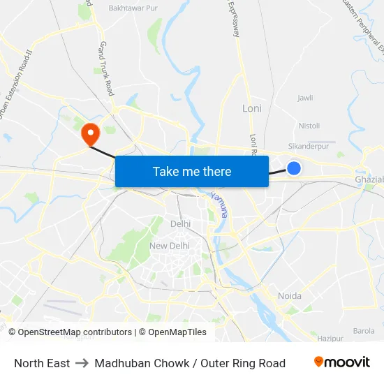 North East to Madhuban Chowk / Outer Ring Road map