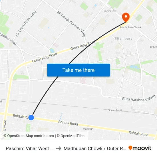 Paschim Vihar West Station to Madhuban Chowk / Outer Ring Road map