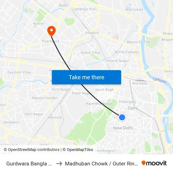 Gurdwara Bangla Sahib to Madhuban Chowk / Outer Ring Road map