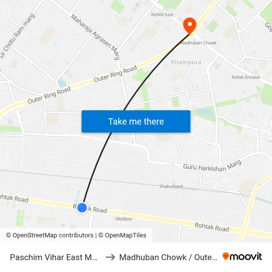 Paschim Vihar East Metro Station to Madhuban Chowk / Outer Ring Road map