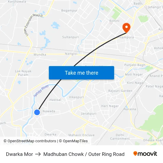 Dwarka Mor to Madhuban Chowk / Outer Ring Road map