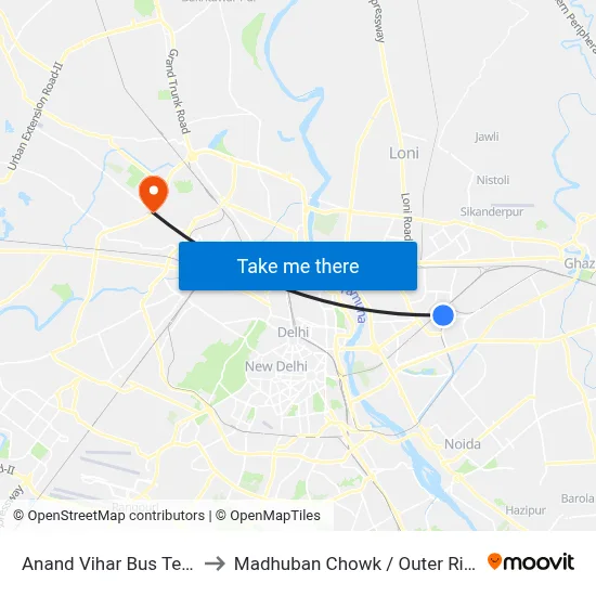 Anand Vihar Bus Terminal to Madhuban Chowk / Outer Ring Road map
