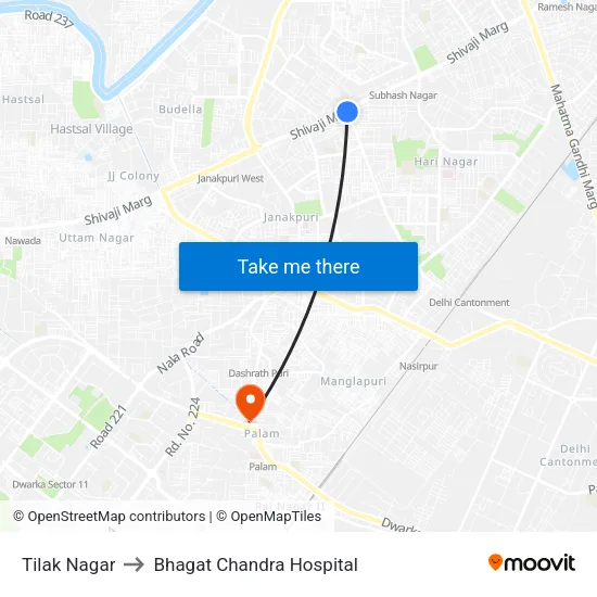 Tilak Nagar to Bhagat Chandra Hospital map