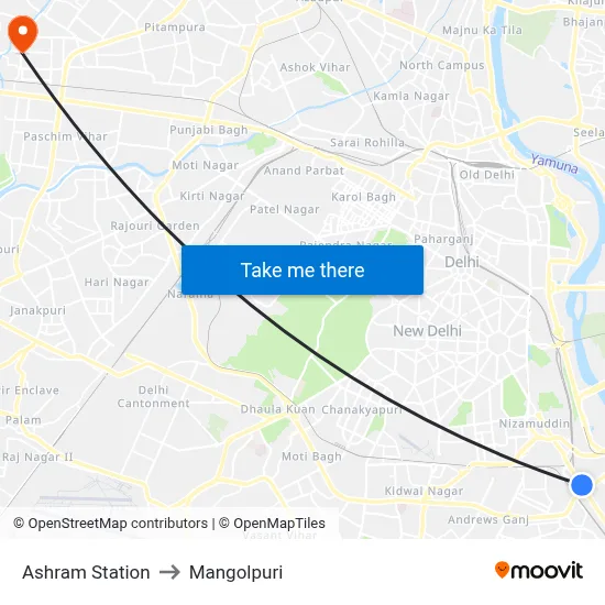 Ashram Station to Mangolpuri map