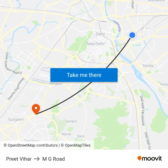 Preet Vihar to M G Road map