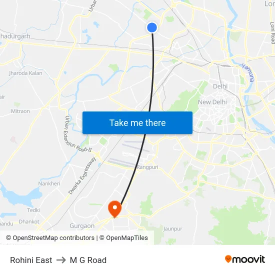 Rohini East to M G Road map