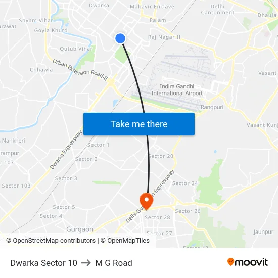 Dwarka Sector 10 to M G Road map