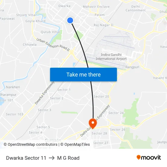 Dwarka Sector 11 to M G Road map