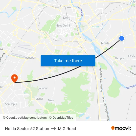 Noida Sector 52 Station to M G Road map