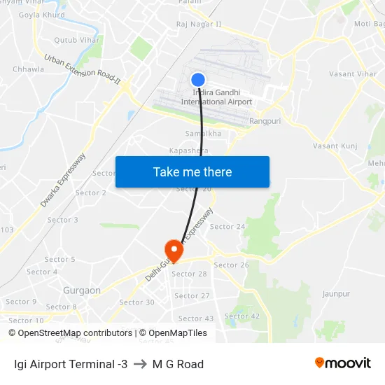 Igi Airport Terminal -3 to M G Road map