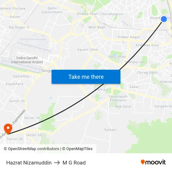 Hazrat Nizamuddin to M G Road map