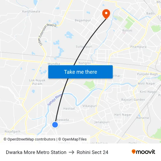 Dwarka More Metro Station to Rohini Sect 24 map