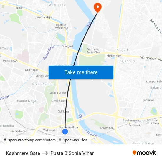 Kashmere Gate to Pusta 3 Sonia Vihar map