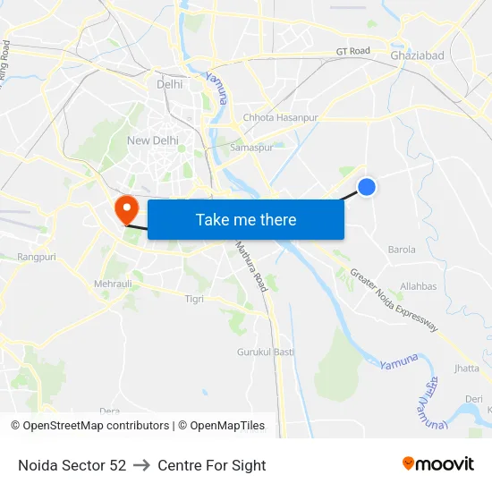 Noida Sector 52 to Centre For Sight map