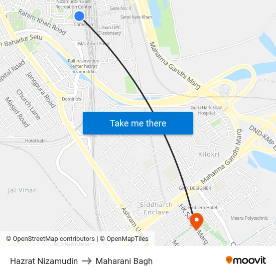 Hazrat Nizamudin to Maharani Bagh map