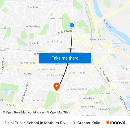 Delhi Public School in Mathura Road, Dr. Zakir Hussain Marg, Delhi Golf Club, Golf Links, New Delhi to Greater Kailash map