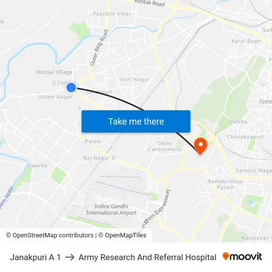 Janakpuri A 1 to Army Research And Referral Hospital map