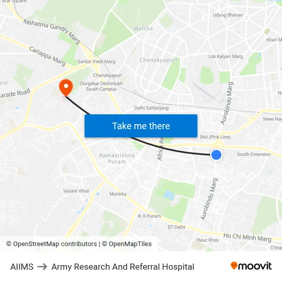 AIIMS to Army Research And Referral Hospital map