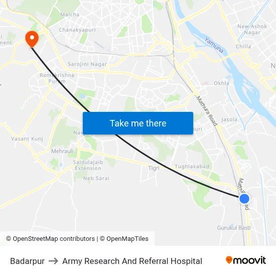 Badarpur to Army Research And Referral Hospital map