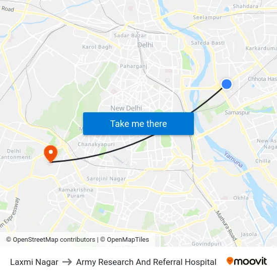 Laxmi Nagar to Army Research And Referral Hospital map