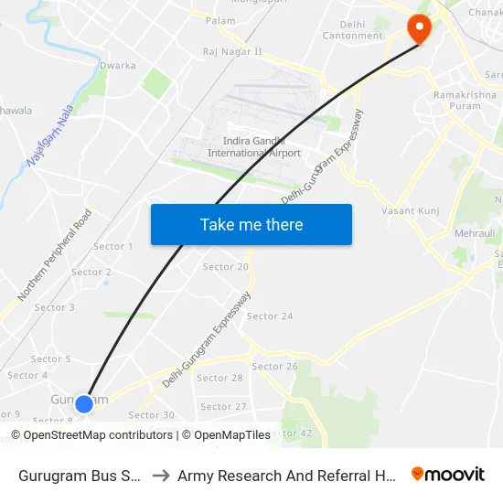 Gurugram Bus Stand to Army Research And Referral Hospital map