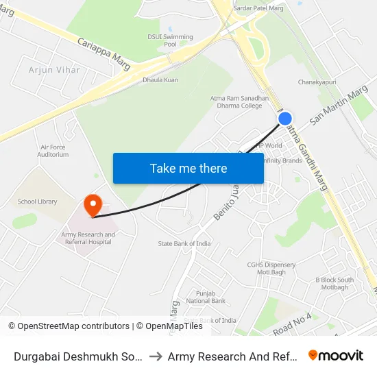 Durgabai Deshmukh South Campus to Army Research And Referral Hospital map