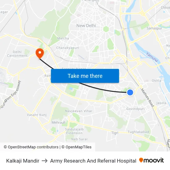Kalkaji Mandir to Army Research And Referral Hospital map
