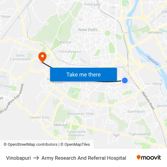 Vinobapuri to Army Research And Referral Hospital map