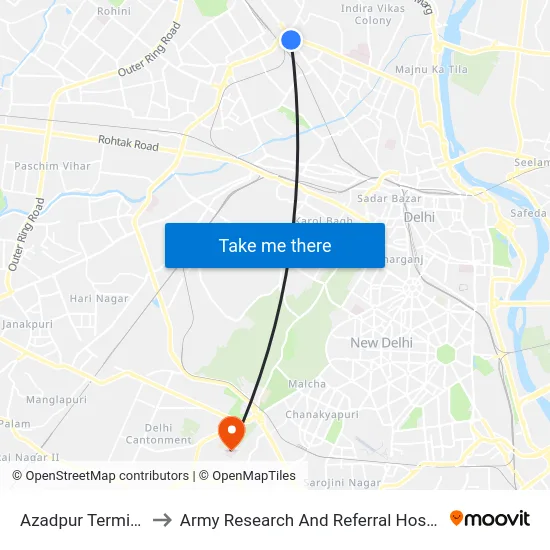 Azadpur Terminal to Army Research And Referral Hospital map