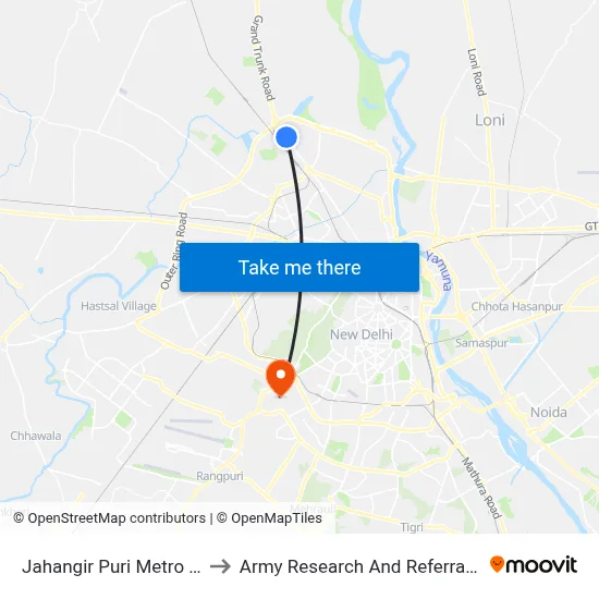 Jahangir Puri Metro Station to Army Research And Referral Hospital map