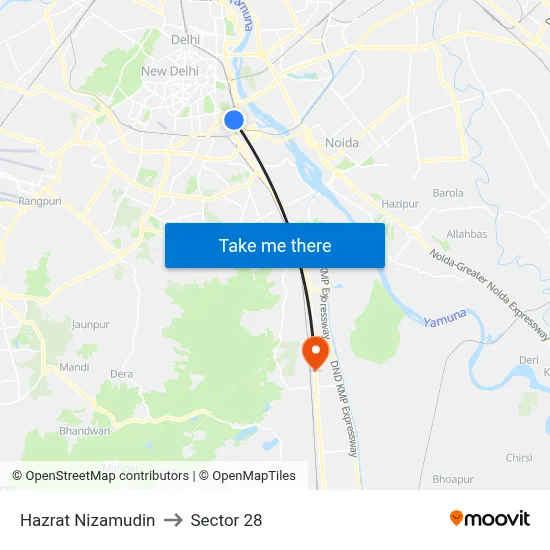 Hazrat Nizamudin to Sector 28 map