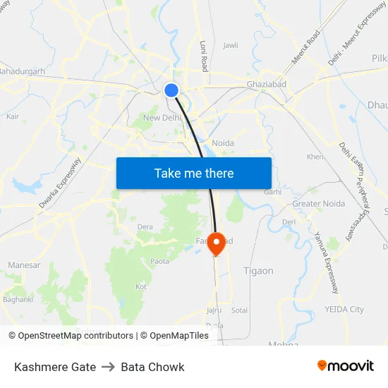 Kashmere Gate to Bata Chowk map