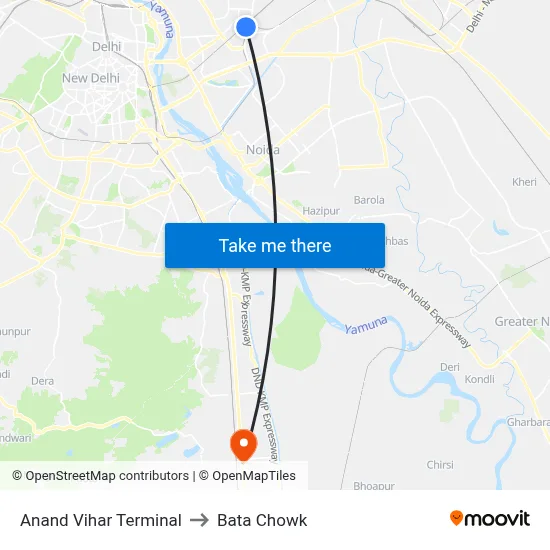 Anand Vihar Terminal to Bata Chowk map