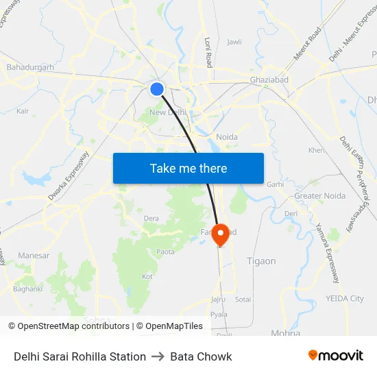 Delhi Sarai Rohilla Station to Bata Chowk map