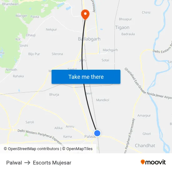 Palwal to Escorts Mujesar map