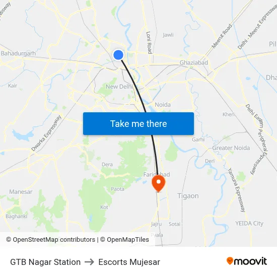 GTB Nagar Station to Escorts Mujesar map
