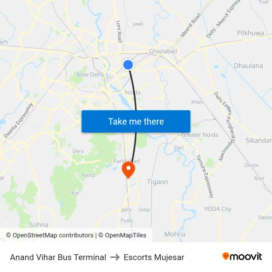 Anand Vihar Bus Terminal to Escorts Mujesar map