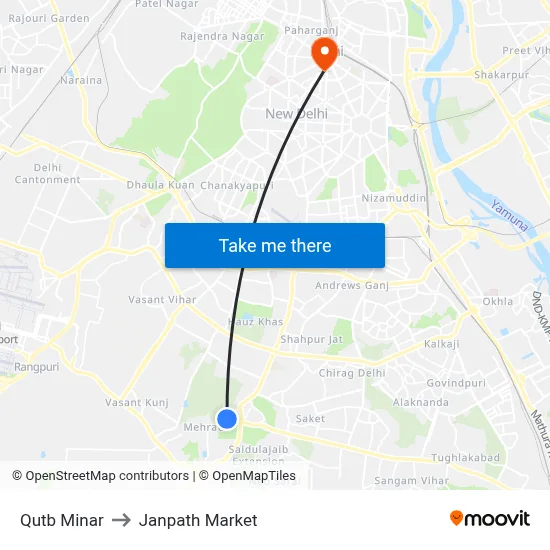 Qutb Minar to Janpath Market map