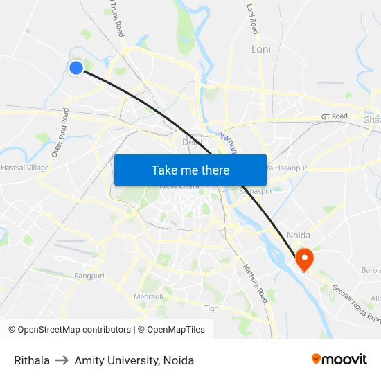 Rithala to Amity University, Noida map