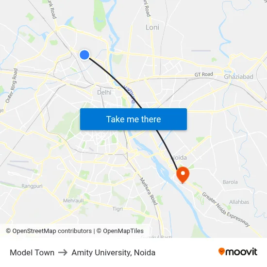 Model Town to Amity University, Noida map