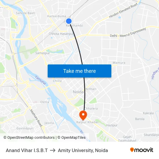Anand Vihar I.S.B.T to Amity University, Noida map