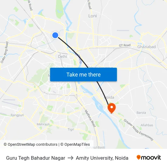 Guru Tegh Bahadur Nagar to Amity University, Noida map