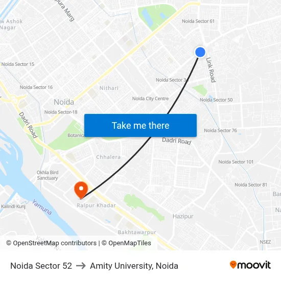 Noida Sector 52 to Amity University, Noida map