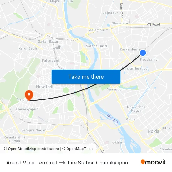 Anand Vihar Terminal to Fire Station Chanakyapuri map