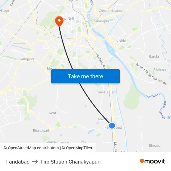 Faridabad to Fire Station Chanakyapuri map