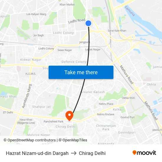 Hazrat Nizam-ud-din Dargah to Chirag Delhi map