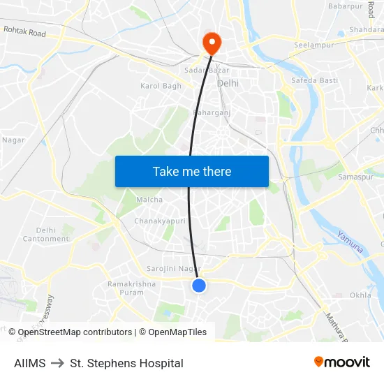 AIIMS to St. Stephens Hospital map