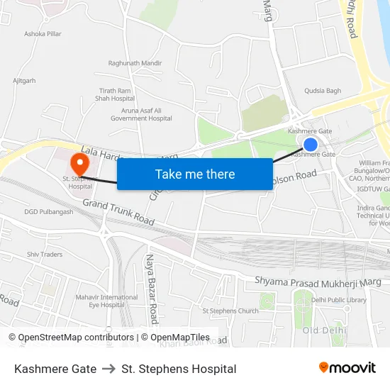 Kashmere Gate to St. Stephens Hospital map