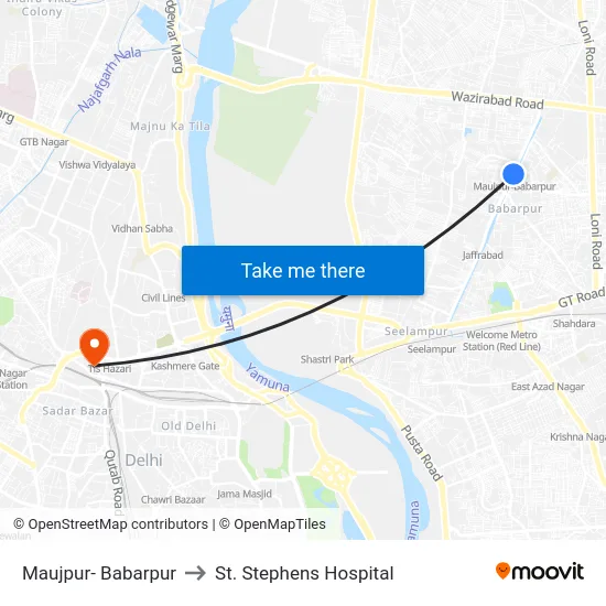 Maujpur- Babarpur to St. Stephens Hospital map